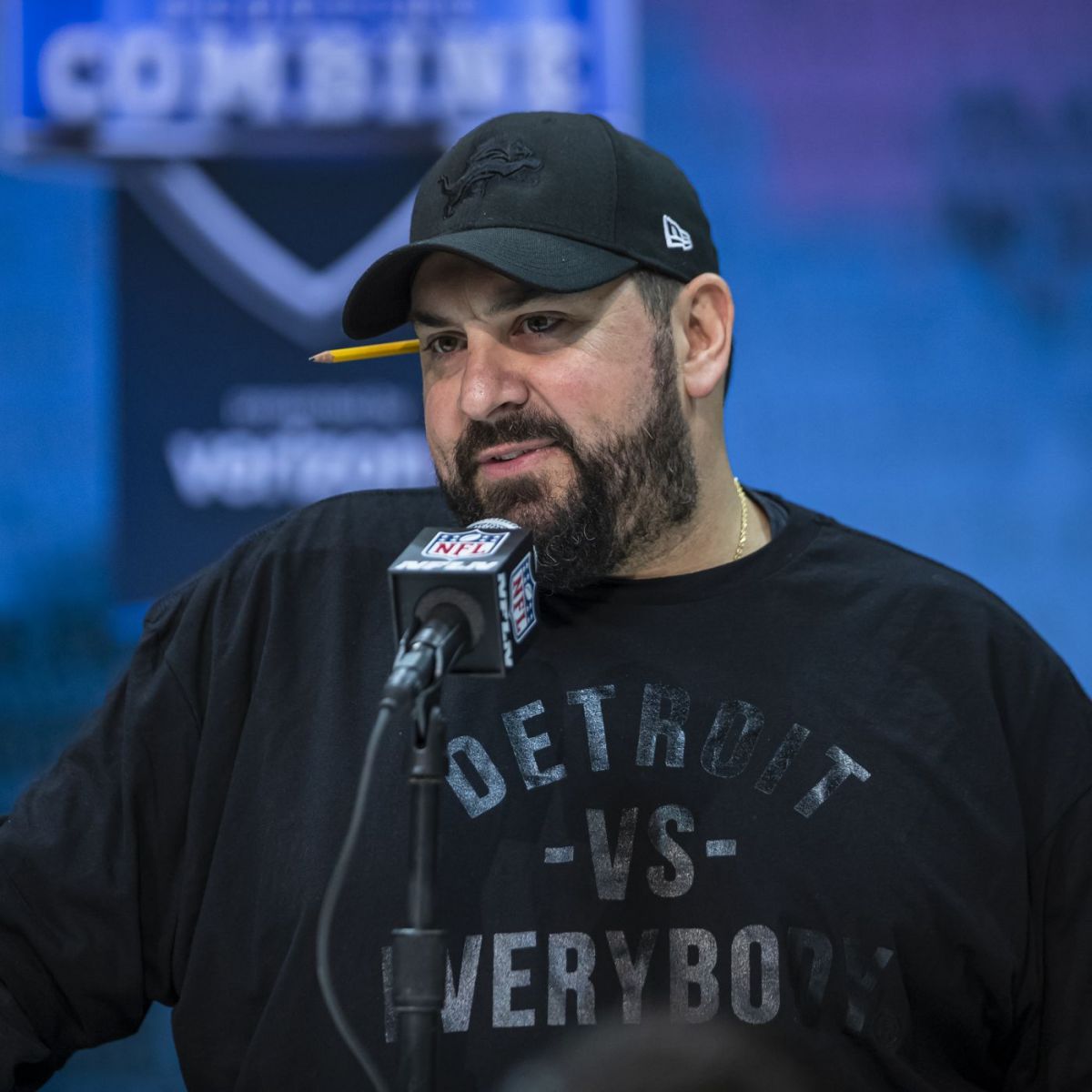 Matt Patricia during a press conference during his tenure with the Lions