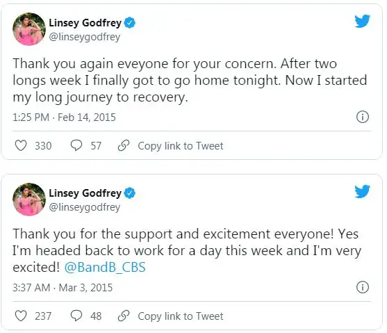 Linsey Godfrey's tweet regarding her recovery